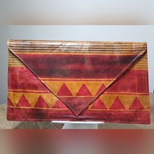 Genuine Vintage Leather Geometric Red and Brown Clutch